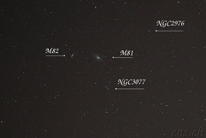 Grossbild (press f to expand)<br />M81, M82 mit Supernova SN2014J (ca. mag 11), NGC2976, NGC3077 (fullsize-crop at 200mm)<br />24. Januar 2014 / 22:00 Uhr / 200mm / ISO 1600 / f2.8 / Aufnahmedauer : 33 Sekunden